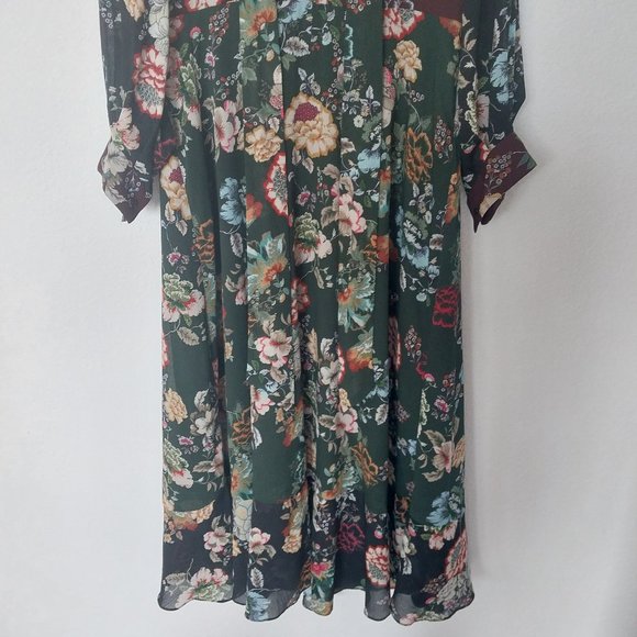 Zara Emerald Green & Burgundy Floral Chiffon Tie Neck Midi Dress - Picture 5 of 15